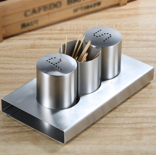 Stainless Steel Salt Pepper Shakers Set Toothpick Holder with Tray Condiment Shakers Spice Dispenser Kitchen Accessories B6335