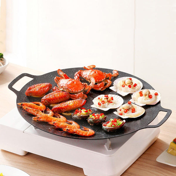 Korean Pan Cooking Meat with Handle Nonstick Cast Iron Easy Cleaning Frying Pan for Household Teppanyaki Outdoor Barbecue Utensils