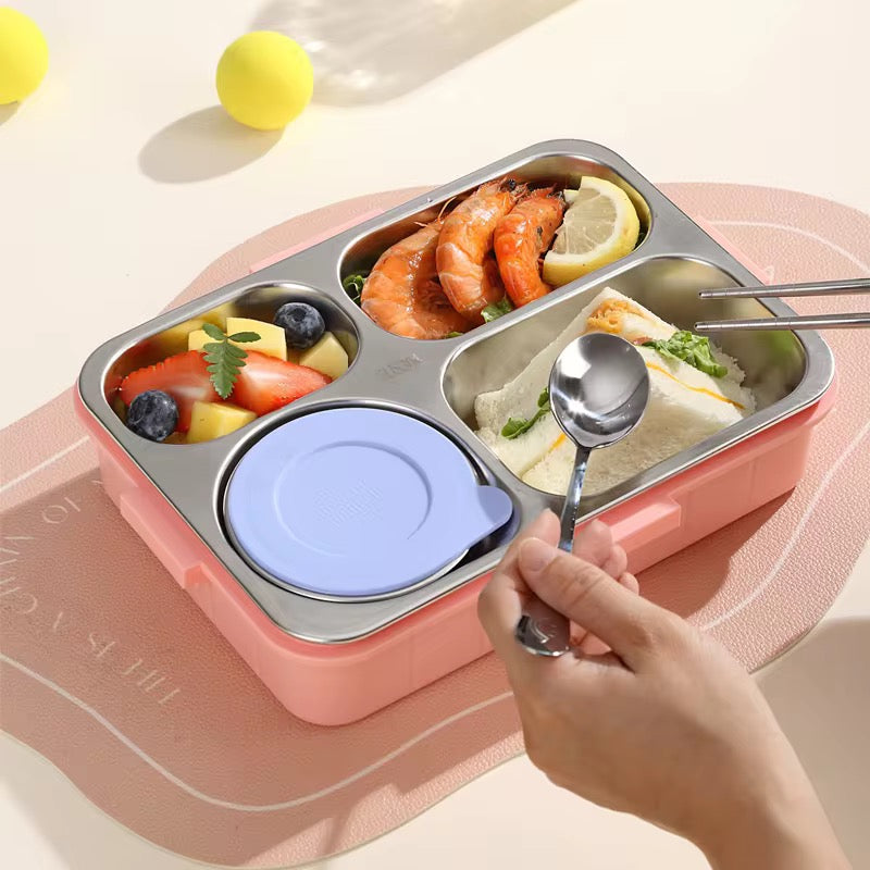 Individually Sealed Silicone 304 Stainless Steel Lunch Box 900ml 4 Compartments with Sauce Bowl and Cutlery 2623