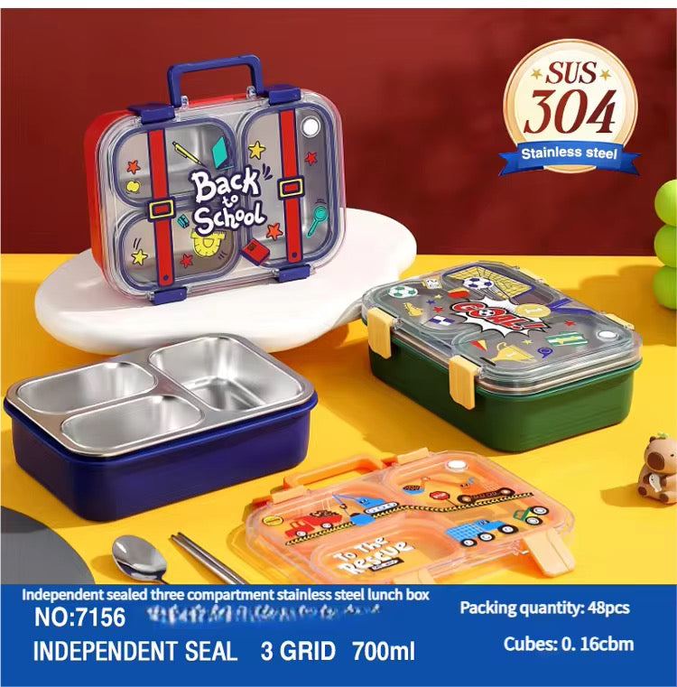 Back to School Stainless Steel 3. Compartments Leak Proof 700ml Lunch Box LX-7156