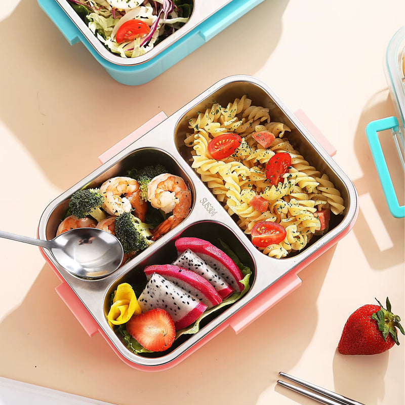 Insulated Leakproof Lunch Box With Small Container - 3 Compartment - Cartoon Printed 304 Stainless Steel