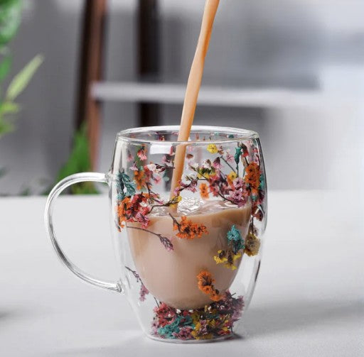 Double Walled Heat Resistant Insulated Glass Mug250ML and 350ML With Flowers Inside