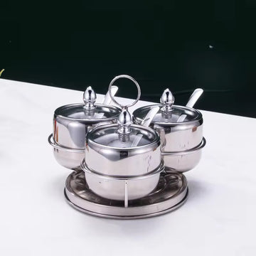 Stainless Steel Seasoning Dispenser Spice Jar 3Pcs with Glass Lids Salt Sugar Pepper Container