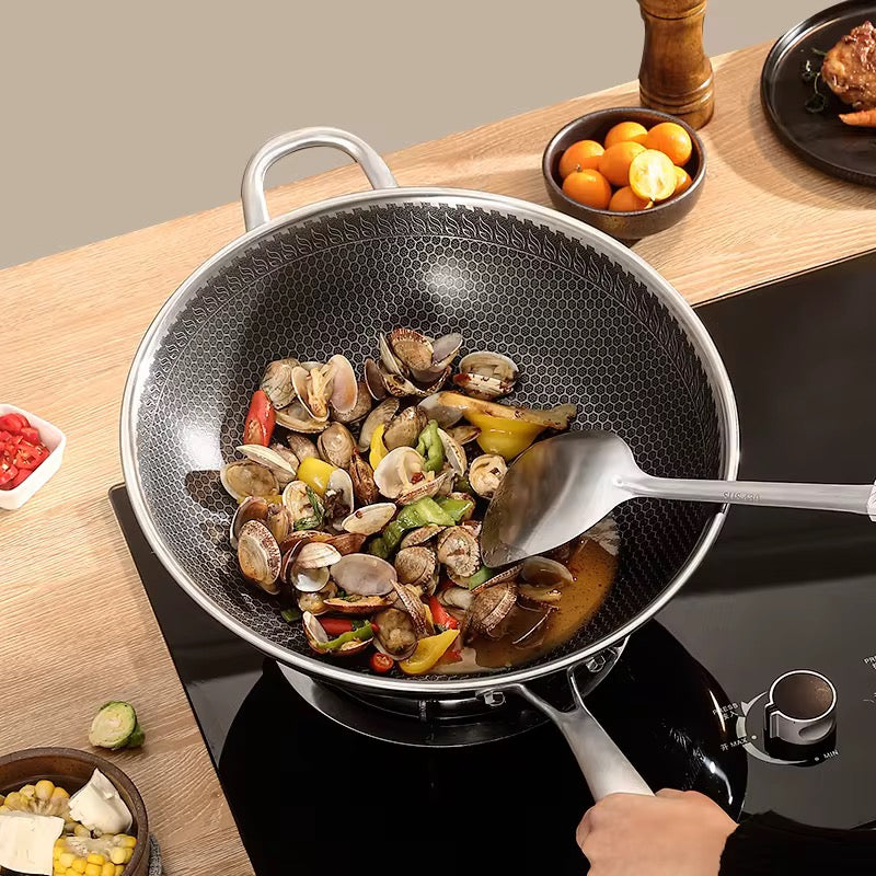 316 Stainless Steel Honey Comb Laser Coated Wok with long handle