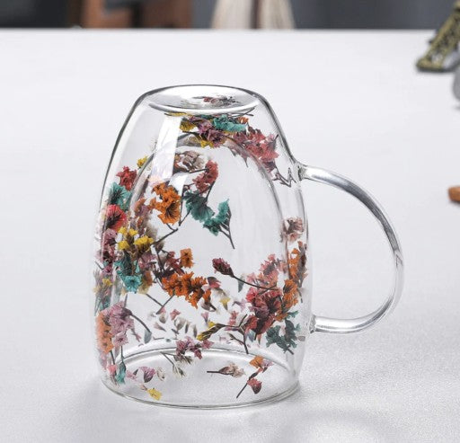 Double Walled Heat Resistant Insulated Glass Mug250ML and 350ML With Flowers Inside