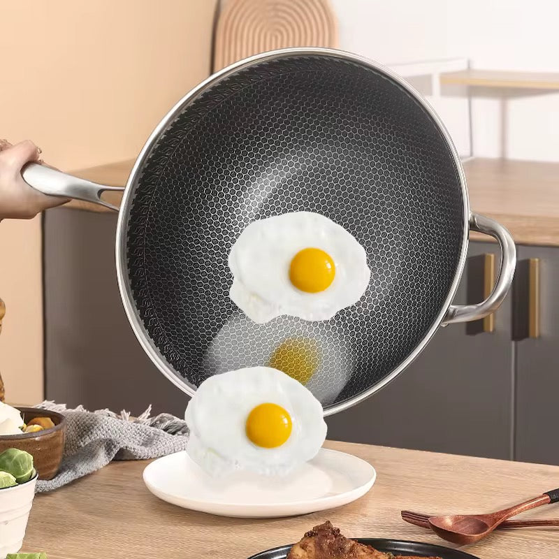 316 Stainless Steel Honey Comb Laser Coated Wok with long handle