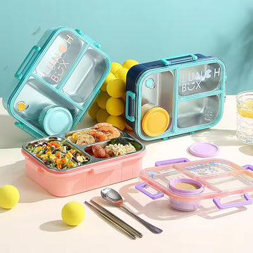 3 Compartments Stainless Steel Lunch Box with Sauce Bowl and Cutlery Leak Proof 2621