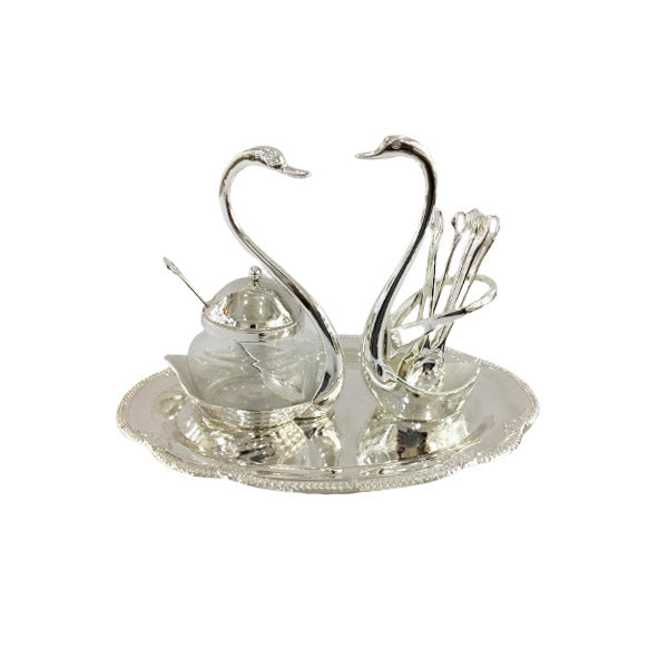 SWAN SPOON AND SUGAR POT SET WITH TRAY