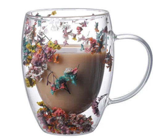 Double Walled Heat Resistant Insulated Glass Mug250ML and 350ML With Flowers Inside