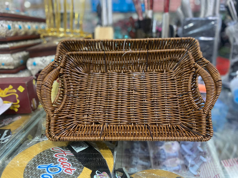 Pack of 2 Wicker Bread Basket, Rectangular Woven Basket with Handles Tabletop Food Fruit Vegetables Serving Baskets Trays for Kitchen Storage Restaurant Bakery, Brown