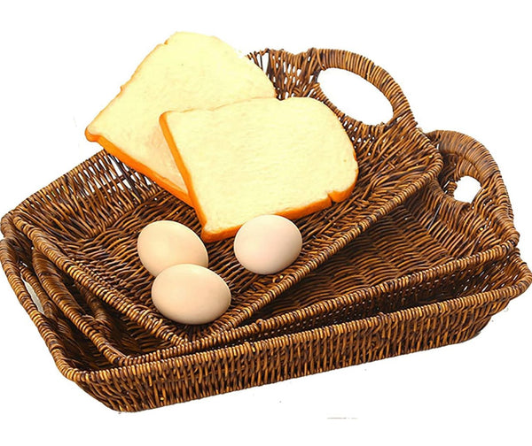 Pack of 2 Wicker Bread Basket, Rectangular Woven Basket with Handles Tabletop Food Fruit Vegetables Serving Baskets Trays for Kitchen Storage Restaurant Bakery, Brown