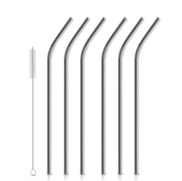 Pack Of 6 Stainless Steel Reusable Drinking Straws With Cleaning Brush Silver