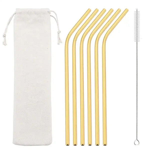 Pack Of 6 Stainless Steel Reusable Drinking Straws With Cleaning Brush Golden