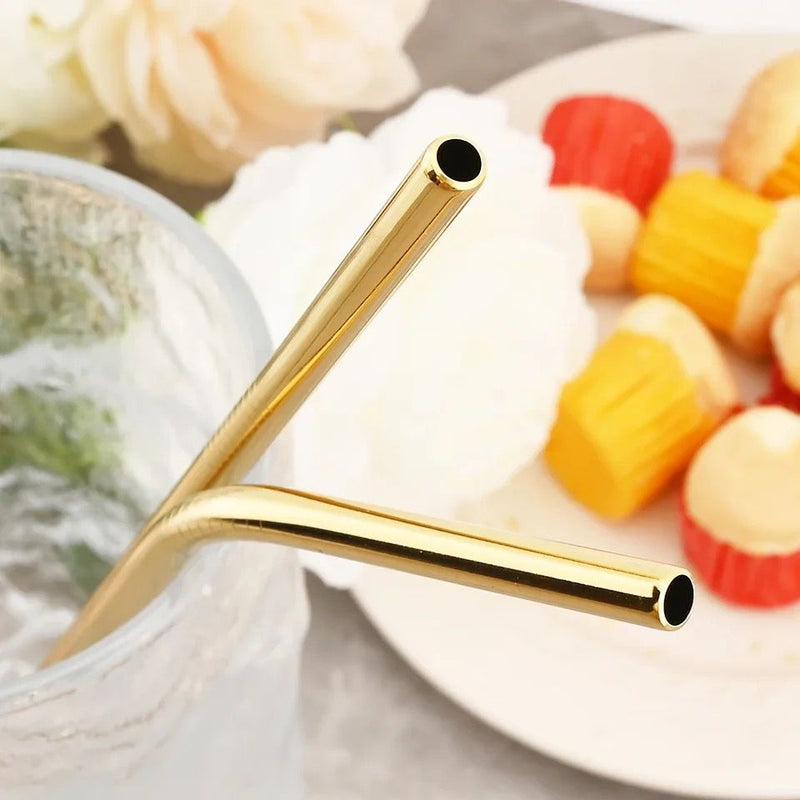 Pack Of 6 Stainless Steel Reusable Drinking Straws With Cleaning Brush Golden